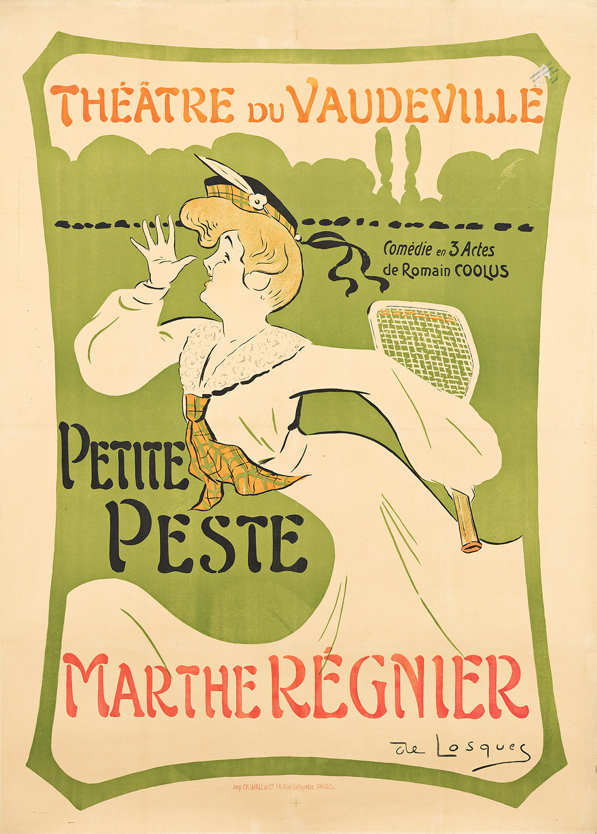 DANIEL DE LOSQUES (1880-1915). PETITE PESTE / MARTHE RÉGNIER. Circa 1906. 55x39¼ inches, 139¾x99¾ cm. Ch. Wall & Cie., Paris.